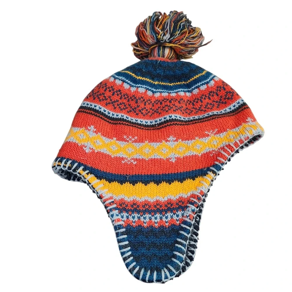 L.L. Bean Nordic Fair Isle Pom Beanie Hat Fleece Lined Ear‎ Flaps Kids S M
